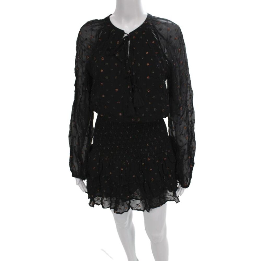 Allison Women Boho Blouson Floral Mini Dress Black Long Sleeve Size 6